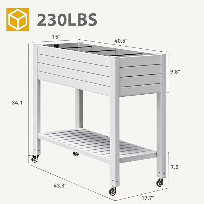 DWVO Raised Garden Bed Kit 3.6 x 1.5 x 2.8 FT Outdoor Plastic Planter Box with Wheels and Legs Garden Box with Drain Plug &amp Storage Shelf for Planting Vegetables Flowers and Herbs Grayish-Whi