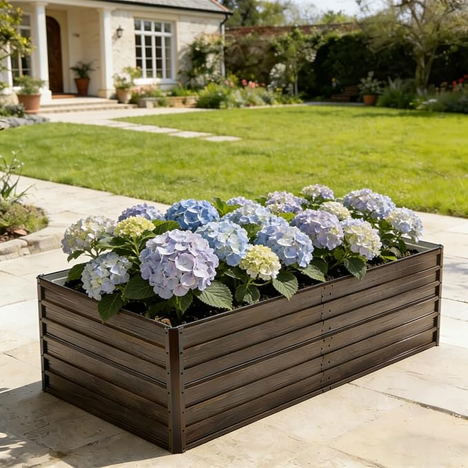 7.2x3.6x2 Ft Outdoor Raised Garden Bed Heavy Duty Galvanized Steel Planter Box with Woodgrain Finish Rectangular Garden Trough for Vegetables Herbs Fruits &amp Flowers Brown