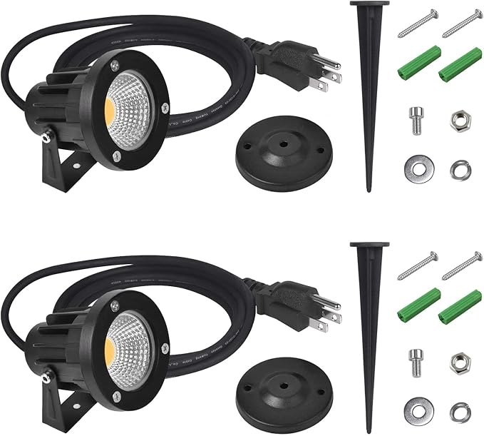 7W COB Landscape Lights Warm White 3000K Waterproof IP65 Spotlight with US Plug and 3M/9.84ft Rubber Wire Outdoor Pathway/Flag Lights with Stake for Garden Yard Lawn Decoration(2 Packs)