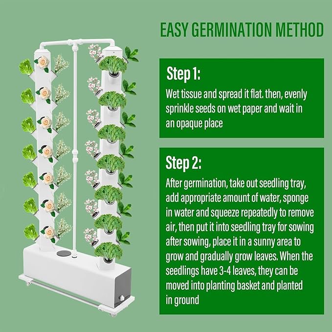 Hydroponics Growing System 56 Plants Indoor Hydroponic Tower Vertical Farming Tower with Pump and Wheels Hydroponic Germination Kit for Gardening Lover White