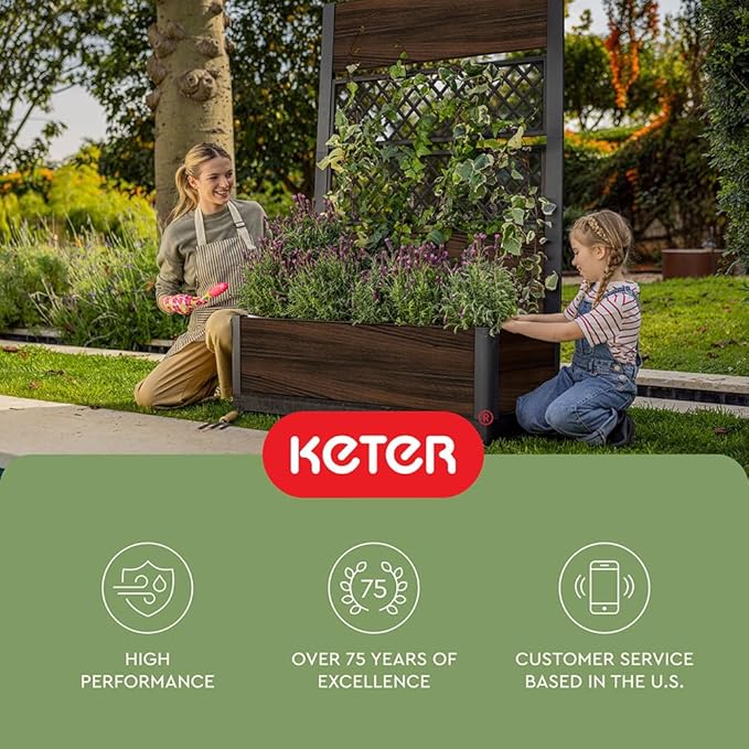 Keter Outdoor Planter Box with Privacy Screen and Trellis – 26 Gallon Raised Garden Bed for Climbing Plants &amp Flowers – Wood-Look Resin Weather-Resistant Divider for Patio Balcony &amp Backyard