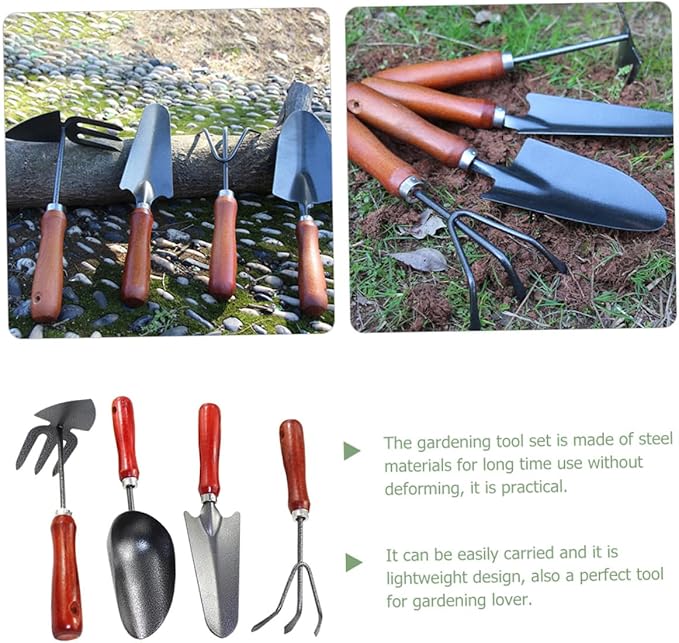 Garden Tool Set 4pcs Mini Hand Shovels for Digging Extended Narrow Spade 3-Claw Rake Dual-use Pointed Hoe and Soil Scoop for Flower Planting and Vegetable Gardening