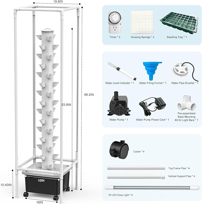 JESLED Hydroponic Growing System 15 Tiers Hydroponic Tower with 5000K Full-Spectrum Grow Lights Dual Timers for Auto Watering &amp Lighting Home Indoor Garden with 20L Water Tank High 66.2
