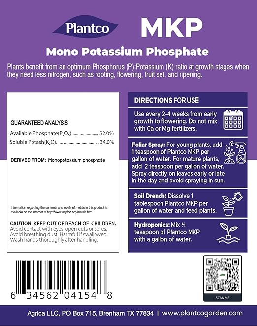 Monopotassium Phosphate Fertilizer MKP 0-52-34 from Plantco | Promotes Root &amp Flower Growth Bloom Booster | Horticulture Grade Soluble Plant Food | 2 lb Bag