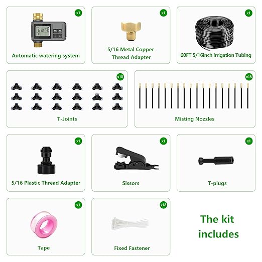 60Ft Drip Irrigation System with Smart Water Timer – Automatic Garden Watering Kit with Solid Brass Metal Connectors 360° Adjustable Nozzles &amp Bendable Tubing for Garden Greenhouse &amp Lawn