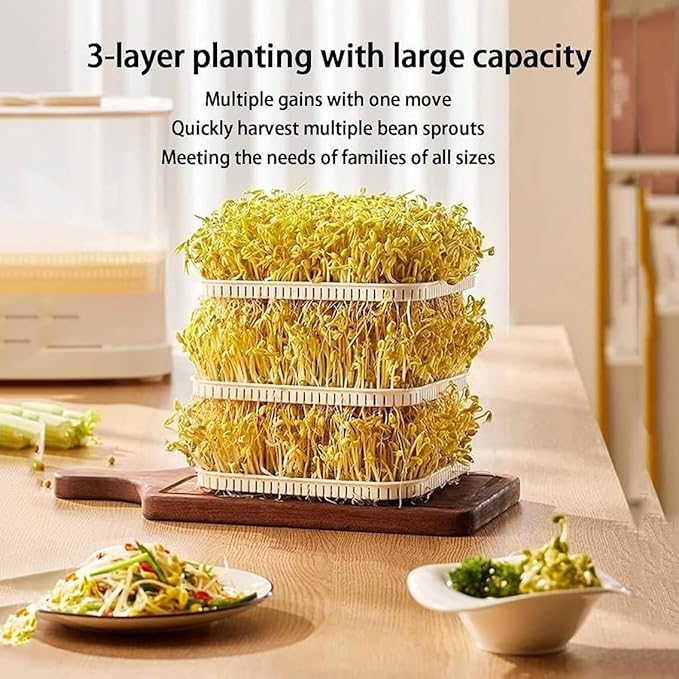 Automatic Bean Sprouts Machine 3 Layer Large Capacity Seed Sprouter Kit with LED Display 360° Automatic Spray 1.5L Water Tank Bean-Sprout