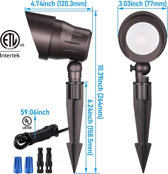 LEONLITE 4-Pack 5W LED Landscape Spotlight AC/DC 12V Low Voltage IP65 Waterproof Non-Dimmable Bronze Aluminum Housing 3000K Bundle 100ft 16/2 Low Voltage Landscape Lighting Cable Black
