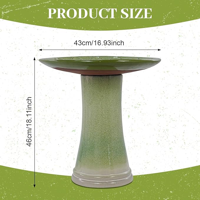 Handmade Green Gradient Glaze Ceramic Bird Bath 16.93 inch Diameter 18.11 inch Height Outdoor Gfor Birds Bathing Feeding Lightweight Weather Resistant