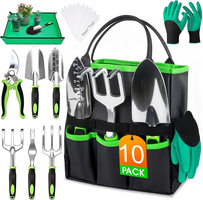 WOWBOX Garden Tools Set - 10 PCS Heavy Duty Gardening Hand Tools Kit with Storage Tote Rust-Resistant Gardening Supplies for Planting with Non-Slip Ergonomic Handle for Women and Men (Green)