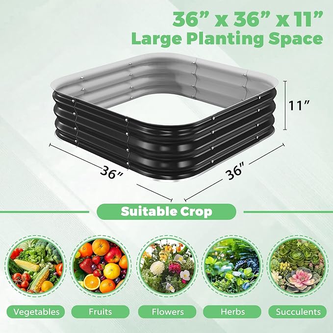 Galvanized Raised Garden Bed 3x3x1ft Garden Planter Bed Outdoor Heavy Duty Rustproof Steel Raised Bed Kit for Gardening Vegetables Fruits Flowers Grow Black