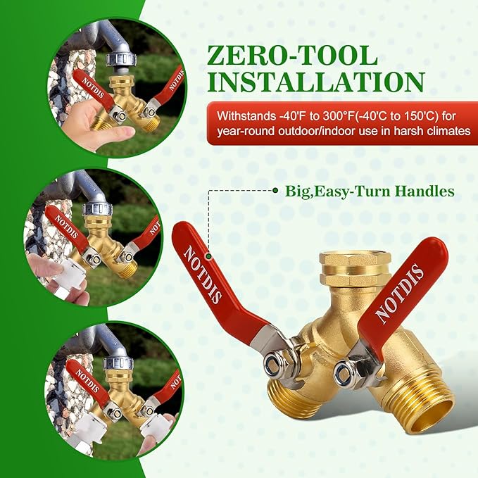 Hose Splitter 2 Way Heavy Duty Brass Garden Hose Splitter with 304 Stainless Steel Long Handle Outdoor Full Flow Hose Splitter ConnectorY Valve 3/4 Inch GHT Thread