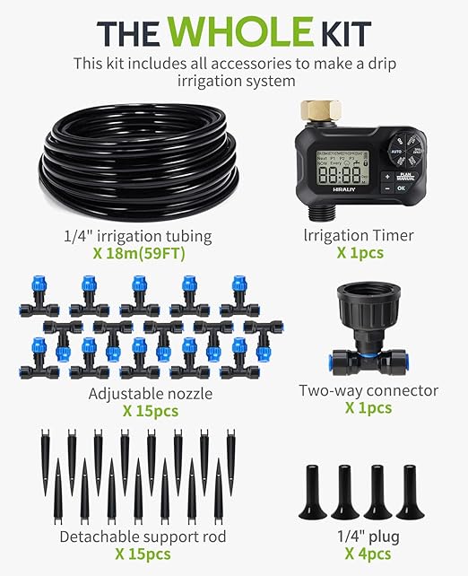 HIRALIY 59FT Greenhouse Misting Drip Irrigation Kit with Water Timer Quick Connector Design Garden Watering System Automatic Irrigation System with Tubing Nozzles for Hanging Plants Raised Bed