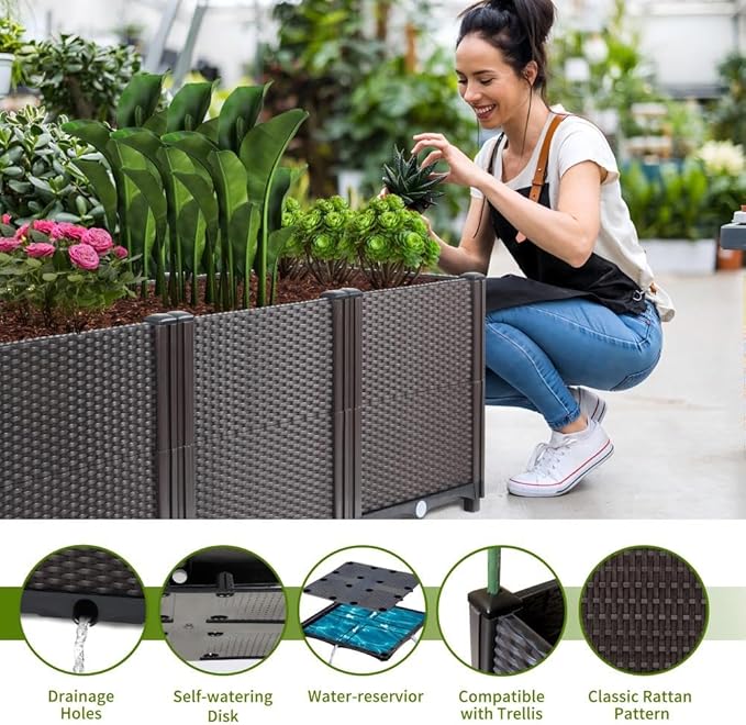 Emalie Deep Raised Garden Beds Large Plastic Planter Box with Drainage Plugs for Veggies Flowers Herbs Deep Root Plants Growing 63.0 Lx15.7 Wx16.9 H Brown