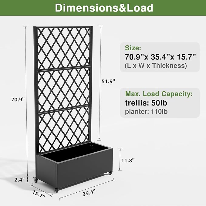 Casaphoria 72x35 Metal Raised Garden Bed with Trellis(2 Pack) Outdoor Planter Box with Wheels &amp Drainage Holes for Climbing Plants Flowers Elevated Garden Kit with Privacy Screen Black-Laure