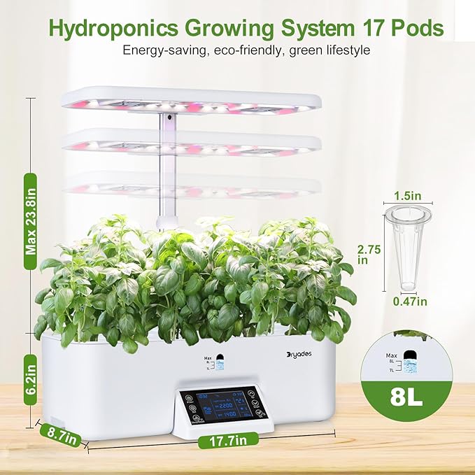 17-Pods Hydroponic Growing System with Dual Fans 24W Full-Spectrum Grow Light &amp Smart Control Panel for Indoor Gardening for Vegetables Herbs
