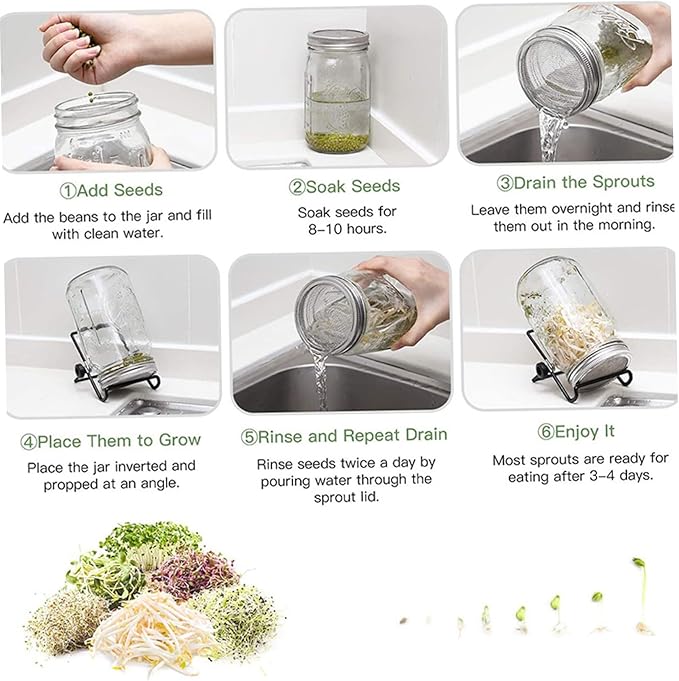 Sprouting Jar 2 Sets Wide Mouth Seed Sprouter with Mesh Lid 16oz Sprouting Kit with Adjustable Stand 4.92in Transparent Sprouts Growing Kit for Beans Broccoli