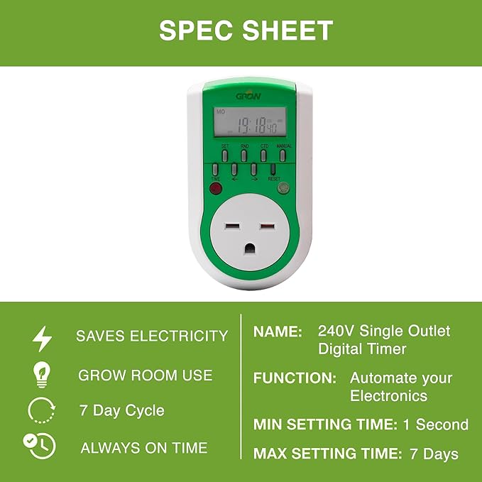 Grow1 240V Outlet Digital Timer Single Outlet 15A Compatible with 220V 230V &amp 240V Outlets Great for Grow Lights Reptile Enclosures &amp Aquarium Timer