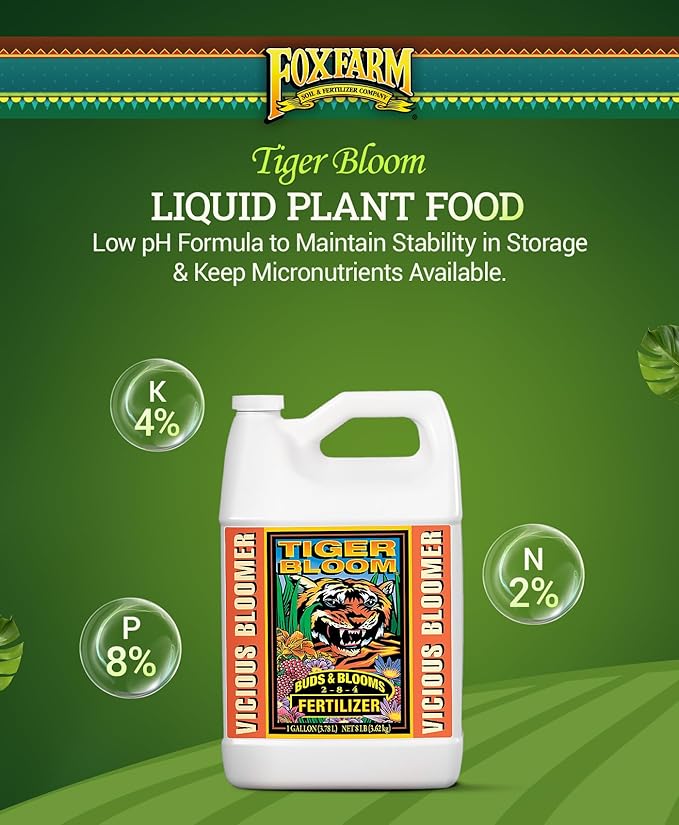 FoxFarm Tiger Bloom Liquid Plant Food - Phosphorus Fertilizer for Buds Blooms &amp Flowering - Supports Soil &amp Hydroponic Systems - High Micronutrient Formula with 2-8-4 Nutrient Ratio - 1 Gallo