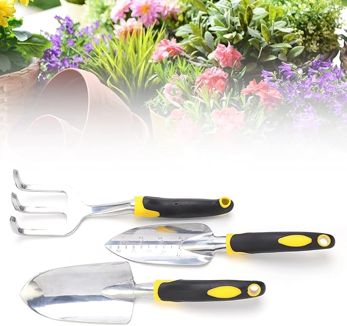 Garden Tool Set 3 Piece Aluminum Alloy Steel with Soft Rubber Handles for Digging and Planting
