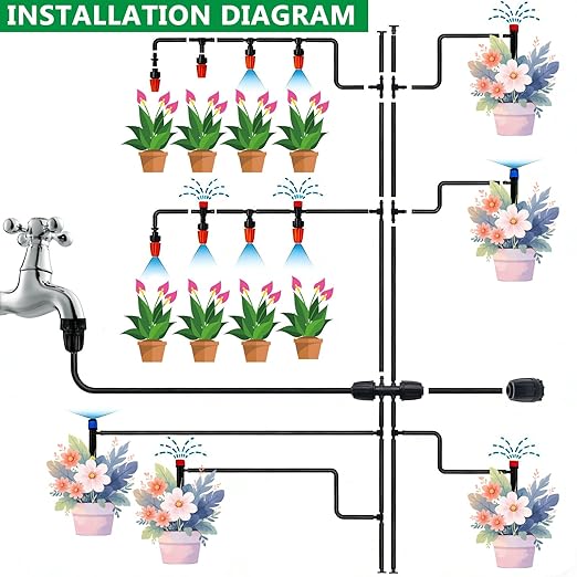 135PCS 240FT Drip Irrigation System Set Automatic Drip Irrigation Kit for Greenhouse Yard Lawn Plant with 1/2 inch Hose 1/4 inch Distribution Tubing and Accessories