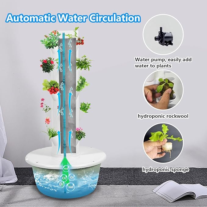 AIZYR 5 Layer Hydroponic Growing Tower System Hydroponic Tower Vertical Planter Tower Outdoor Indoor Garden Growing System Kit Automatic Watering