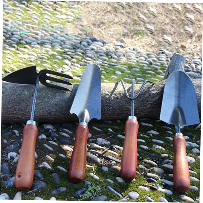 COHEALI 4pcs Mini Garden Tool Set with Small Metal Trowel Narrow Shovel Three-Prong Rake and Dual-use Hoe for Planting and Digging in Pots and Gardens
