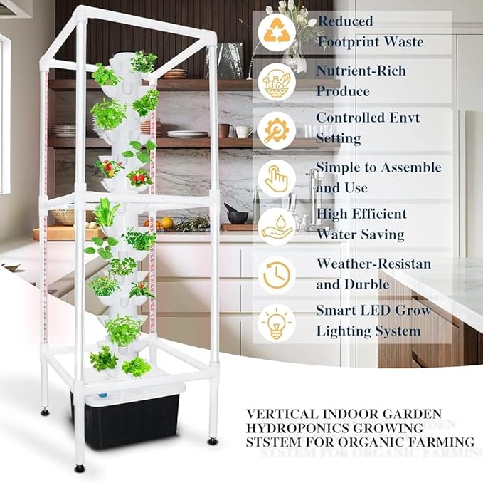 Tower Hydroponics Growing System 8 Sections Led Timed Grow Light40 Pcs Nursery Germination Kit - Herbs Fruits and Vegetables - Hydrating Pump Adapter Seeding Bed &amp Net Pots