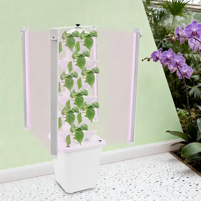 Hydroponic Tower Garden 30-Pod Indoor Gardening System w/ 4 Full-Spectrum LED Grow Lights 10L Auto Irrigation Water Tank Vertical Planter for Herbs Lettuce &amp Strawberries (White)