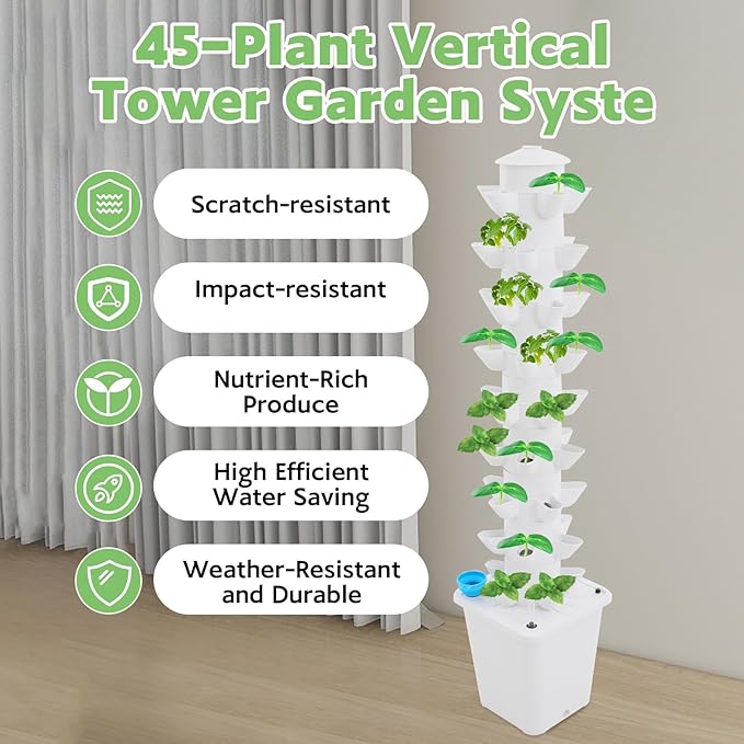45-Plant Vertical Tower Garden System Indoor Hydroponic Growing Kit with Pump Funnel &amp Water Level Gauge Vertical Vegetable Planter for Herb Fruits