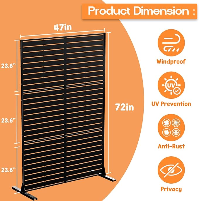 Metal Privacy Screen 72 H x 47.2 Decorative Outdoor Privacy Screen Privacy Panel with Stand for Balcony Deck Patio Lawn Garden Privacy Fence (Black-Louvered)