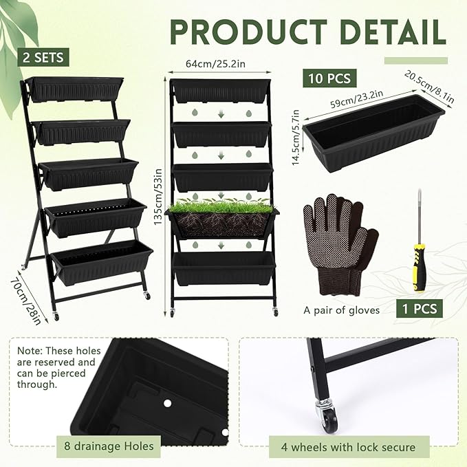 2 Pack 5 Tier Vertical Garden Planter with Wheels 4.5 ft Raised Garden Bed for Strawberry Herb Vegetable Flower Stackable Planter Boxes with Drainage for Patio Indoor Outdoor(Black)