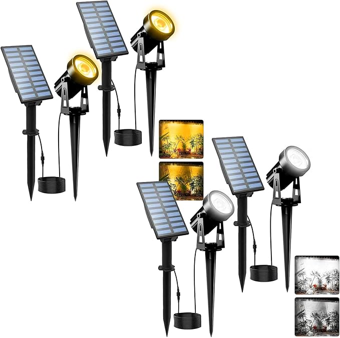 T-SUNUS Solar Landscape Spotlights 4 Pack Warm White &amp White IP65 Waterproof Solar Lights 9.8ft Cable Outdoor Solar Spot Light Separated Panel for Yard Garden Driveway Porch Walkway Pool Patio