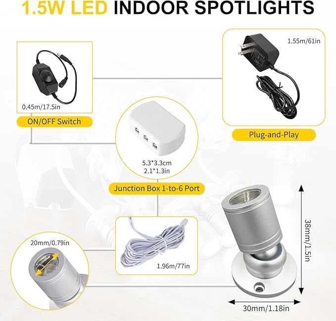 LED Mini Spot Light 6PCS 1.5W 5V Dimmable Spotlight Accent Lights for Artwork Display Jewelry Showcase Museum Cabinet Retail Store Lighting (6400K Daylight)