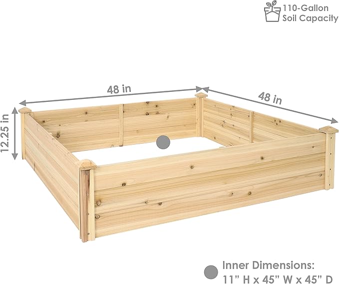 Sunnydaze Square Wood Raised Garden Bed - Outdoor Elevated Planter Box for Flower Vegetable and Herb Gardening - 4’ x 4’