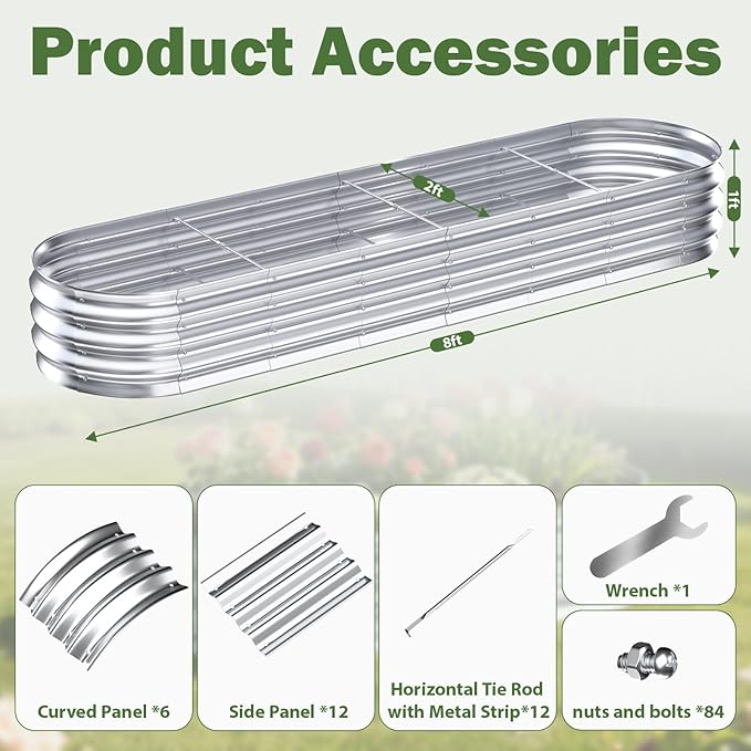 Galvanized Raised Garden Bed Outdoor 8x2x1ft Metal Heavy Duty Planter Boxes for Gardening Easy Assemble Small Oval Plant Container Kit for Vegetables Flowers Fruits Silver 1 Pack
