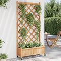 Wooden Planter with Trellis and Wheels Brown Large Raised Garden Bed for Climbing Plants Outdoor Fir Wood Planter Box Patio and Garden