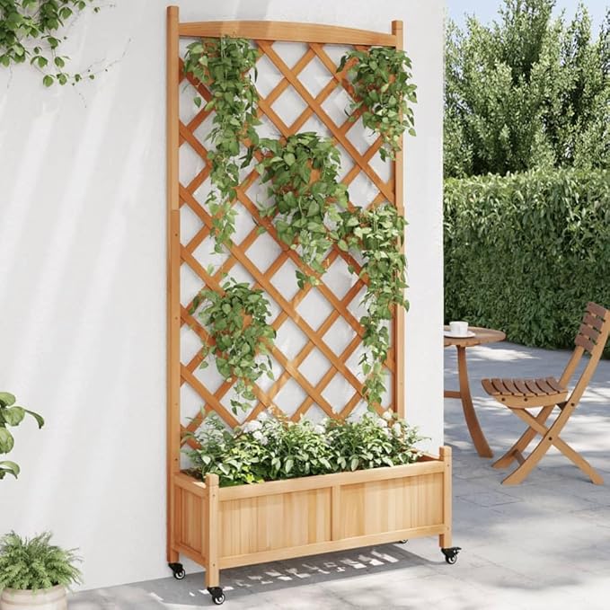 Wooden Planter with Trellis and Wheels Brown Large Raised Garden Bed for Climbing Plants Outdoor Fir Wood Planter Box Patio and Garden