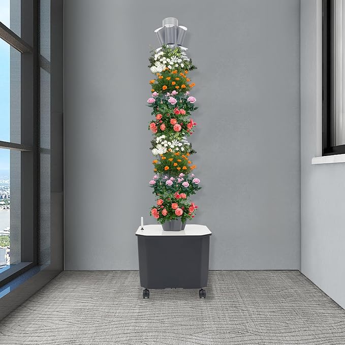 Hydroponic Growing System Kit50-Hole 10-Tier Hydroponics Tower with Automatic Timer WateringAeroponic Tower with Wheelsfor Balcony Home
