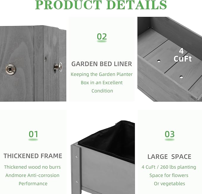 Raised Garden Bed with Legs 40x20x31'' Solid Wood Elevated Planter Box for Outdoor Backyard Patio