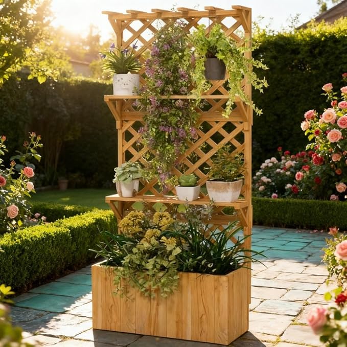 Wooden PlanterRaised Garden Bedwith Trellis Hanging Roof Plant Shelf Drainage Holes and Bed Liner