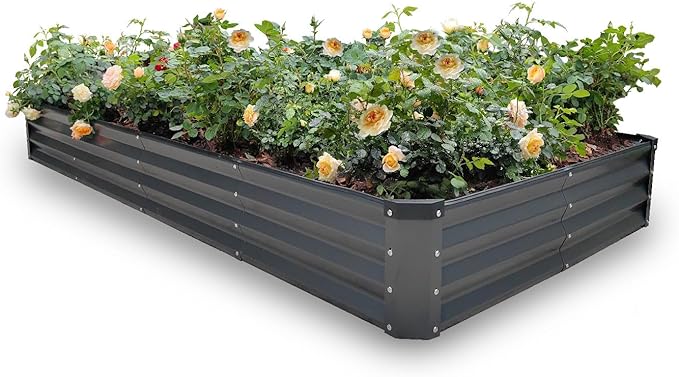 GARDMAX 8x4x1FT Galvanized Raised Garden Bed Kit Metal Planter Boxes Outdoor with Easy Assembly Large Garden Bed for Vegetables Fruits Flower Herbs Rectangle Dark Gray