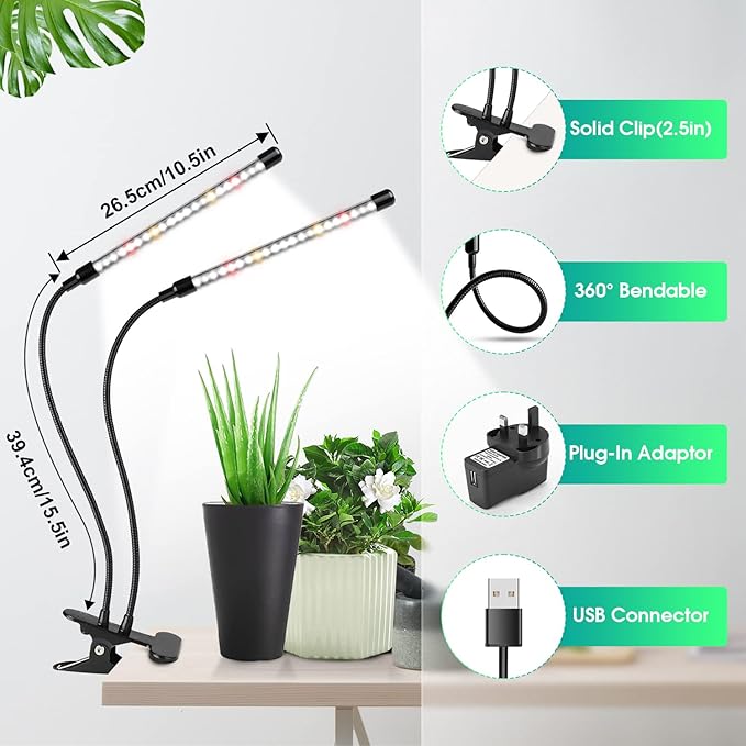 Wolezek Grow Lights for Indoor Plants 2 Pack 6000K LED White Plant Grow Lights Indoor Full Spectrum Grow Lamp with Clip Auto ON &amp Off Timer 6/12/16H 3 Modes 5-Level Dimmable Brightness