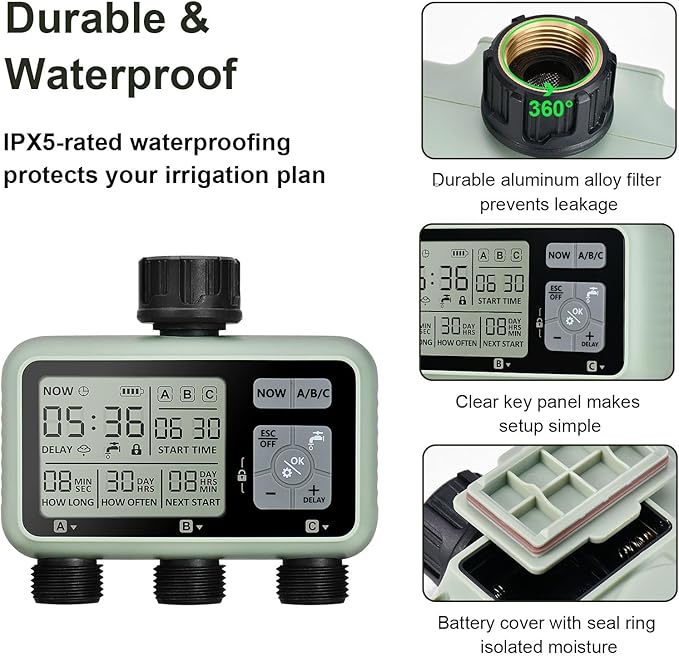 Watering Timer 3 Zone Sprinkler Timer Programmable Garden Outdoor Hose Faucet Timer with Rain Delay Auto &amp Manual Watering SystemWater Hose Irrigation Timers 3 Outlet for Garden