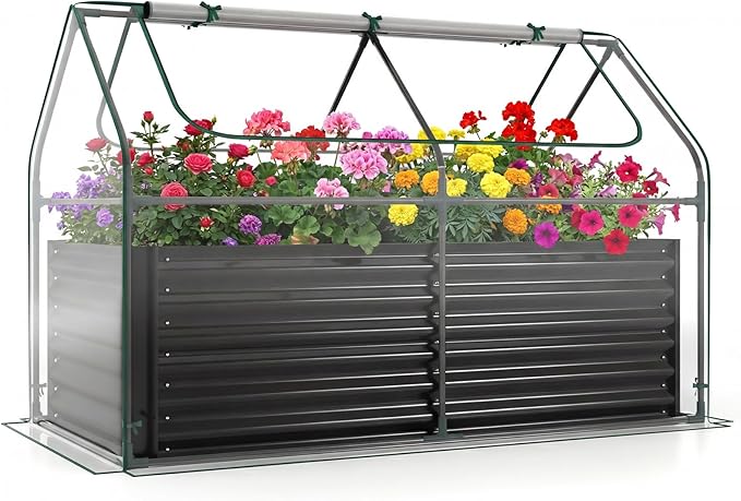 HAPPYGRILL Raised Garden Bed with Cover Planter Boxes Outdoor w/Mini Greenhouse 2 Roll-up Windows &amp Open-Ended Base Metal Growing Raised Bed for Vegetables (Black 71” x 36” x 48”)