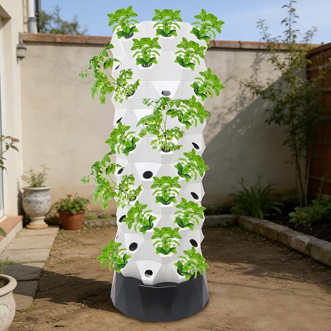 80 Pots Hydroponic Grow Tower Indoor 10-Tier Hydroponic Growing System Kit with 7.93Gal Water Tank &amp 660GPH Pump Automatic Watering Soil-Free Planter for Vegetables Lettuce Strawberry White
