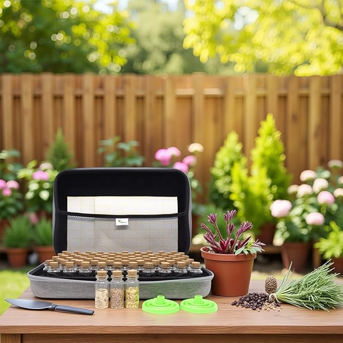 80 Slots Seed Storage Organizer with 40 Seed Envelopes Sturdy Organizer Storage Box with Label Stickers Glass Container for Flower Vegetable Garden Seed Saving (Seeds not Included)