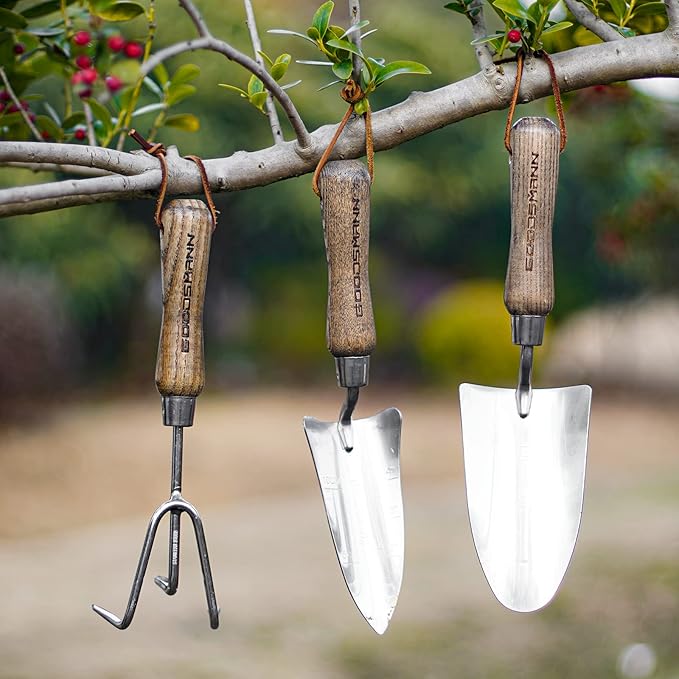GOODSMANN Garden Tools Set 3 Piece Stainless Steel Gardening Kit Hand Trowel Marker Measurements Transplanter and Cultivator Garden Hand Shovel for Digging Weeding Planting Turning Soil