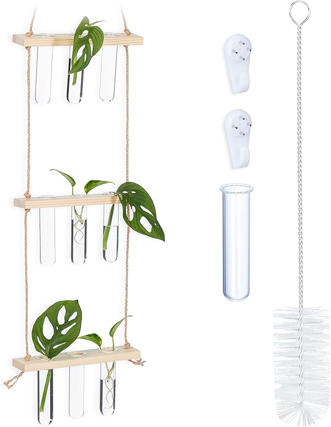 Relaxdays Plant Propagation Station Hanging Test Tube Vases with Wooden Shelf Hydroponics 3 Tier Natural/Clear