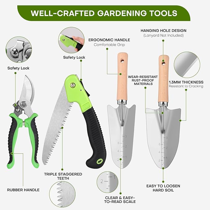 62-Piece Heavy-Duty Garden Tool Set Complete Garden Tool Kit with Stainless Steel Shovel Repotting Mat Pruning Shear&ampDurable Gardening Tool Bag Gardening Gift Set—Ideal Gift for Women/Men/Begi