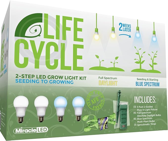 Miracle LED Plant Life Cycle 2-Socket Synchronized Grow Light Kit with 2 Full Spectrum Absolute Daylight Bulbs and 2 Blue Spectrum Multi-Plant Bulbs with Sproutmatic Timer Controls (3 Pack)